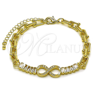 Oro Laminado Fancy Bracelet, Gold Filled Style Infinite and Baguette Design, with White Cubic Zirconia, Polished, Golden Finish, 03.266.0078.08 (07 MM Thickness, 8 Inches Length)
