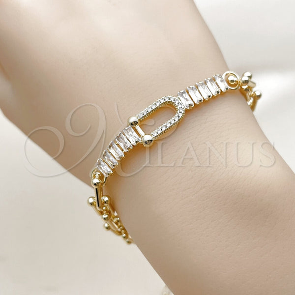 Oro Laminado Fancy Bracelet, Gold Filled Style Baguette Design, with White Cubic Zirconia and White Micro Pave, Polished, Golden Finish, 03.266.0079.07 (07 MM Thickness, 8 Inches Length)