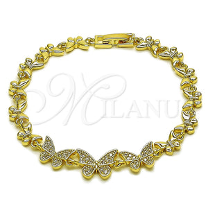 Oro Laminado Fancy Bracelet, Gold Filled Style Butterfly Design, with White Cubic Zirconia, Polished, Golden Finish, 03.266.0080.08 (07 MM Thickness, 8 Inches Length)