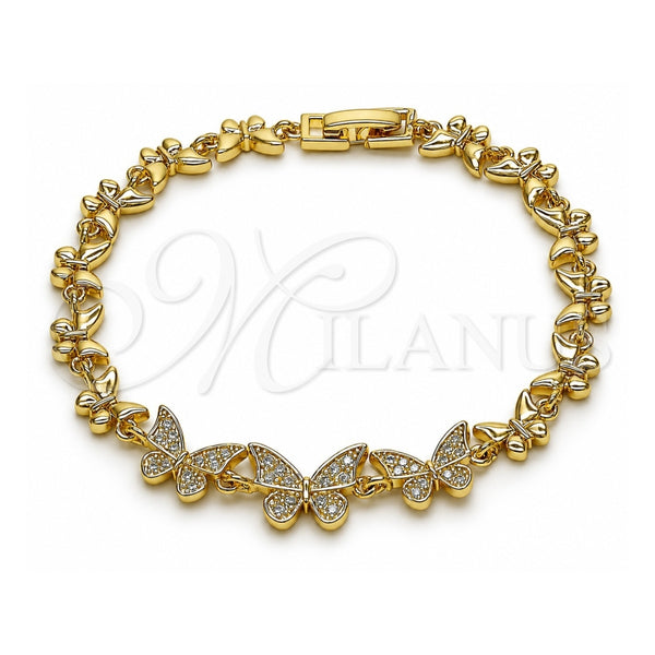 Oro Laminado Fancy Bracelet, Gold Filled Style Butterfly Design, with White Cubic Zirconia, Polished, Golden Finish, 03.266.0080.08 (07 MM Thickness, 8 Inches Length)
