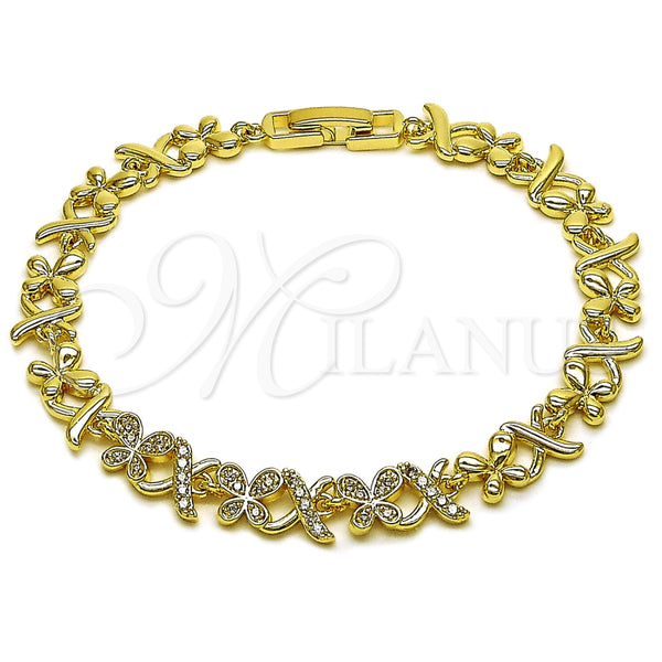 Oro Laminado Fancy Bracelet, Gold Filled Style Hugs and Kisses and Butterfly Design, with White Micro Pave, Polished, Golden Finish, 03.266.0081.08 (Thickness, 8 Inches Length)