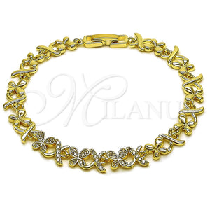 Oro Laminado Fancy Bracelet, Gold Filled Style Hugs and Kisses and Butterfly Design, with White Micro Pave, Polished, Golden Finish, 03.266.0081.08 (Thickness, 8 Inches Length)