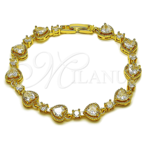 Oro Laminado Tennis Bracelet, Gold Filled Style Heart Design, with White Cubic Zirconia, Polished, Golden Finish, 03.266.0083.08 (09 MM Thickness, 8 Inches Length)