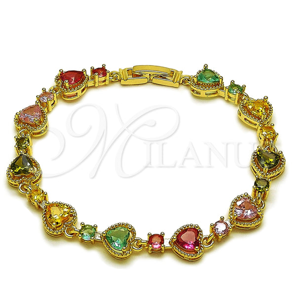 Oro Laminado Tennis Bracelet, Gold Filled Style Heart Design, with Multicolor Cubic Zirconia, Polished, Golden Finish, 03.266.0083.1.08 (09 MM Thickness, 8 Inches Length)
