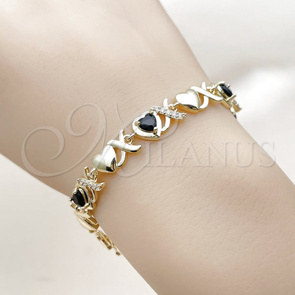 Oro Laminado Fancy Bracelet, Gold Filled Style Hugs and Kisses and Heart Design, with Black and White Cubic Zirconia, Polished, Golden Finish, 03.266.0058.1.07 (Thickness, 8 Inches Length)