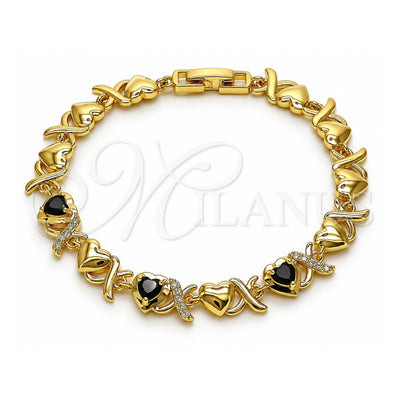 Oro Laminado Fancy Bracelet, Gold Filled Style Hugs and Kisses and Heart Design, with Black and White Cubic Zirconia, Polished, Golden Finish, 03.266.0058.1.07 (Thickness, 8 Inches Length)