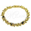 Oro Laminado Fancy Bracelet, Gold Filled Style Hugs and Kisses and Heart Design, with Black and White Cubic Zirconia, Polished, Golden Finish, 03.266.0058.1.07 (Thickness, 8 Inches Length)
