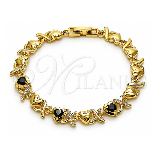 Oro Laminado Fancy Bracelet, Gold Filled Style Hugs and Kisses and Heart Design, with Black and White Cubic Zirconia, Polished, Golden Finish, 03.266.0058.1.07 (Thickness, 8 Inches Length)