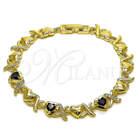 Oro Laminado Fancy Bracelet, Gold Filled Style Hugs and Kisses and Heart Design, with Black and White Cubic Zirconia, Polished, Golden Finish, 03.266.0058.1.07 (Thickness, 8 Inches Length)