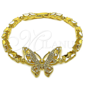 Oro Laminado Fancy Bracelet, Gold Filled Style Butterfly Design, with White Cubic Zirconia and White Micro Pave, Polished, Golden Finish, 03.266.0084.08 (Thickness, 8 Inches Length)