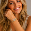 Oro Laminado Fancy Bracelet, Gold Filled Style Infinite and Baguette Design, with White Cubic Zirconia, Polished, Golden Finish, 03.266.0087.07 (05 MM Thickness, 8 Inches Length)