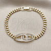 Oro Laminado Fancy Bracelet, Gold Filled Style Infinite and Baguette Design, with White Cubic Zirconia, Polished, Golden Finish, 03.266.0087.07 (05 MM Thickness, 8 Inches Length)