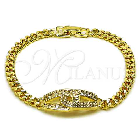 Oro Laminado Fancy Bracelet, Gold Filled Style Infinite and Baguette Design, with White Cubic Zirconia, Polished, Golden Finish, 03.266.0087.07 (05 MM Thickness, 8 Inches Length)