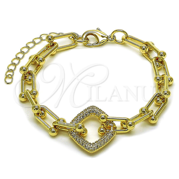 Oro Laminado Fancy Bracelet, Gold Filled Style with White Micro Pave, Polished, Golden Finish, 03.266.0088.07 (09 MM Thickness, 8 Inches Length)