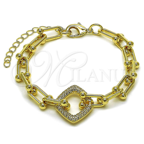 Oro Laminado Fancy Bracelet, Gold Filled Style with White Micro Pave, Polished, Golden Finish, 03.266.0088.07 (09 MM Thickness, 8 Inches Length)