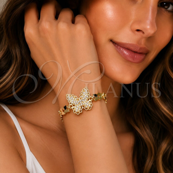 Oro Laminado Fancy Bracelet, Gold Filled Style Butterfly Design, with White Cubic Zirconia, Polished, Golden Finish, 03.266.0091.07 (Thickness, 7 Inches Length)