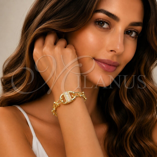 Oro Laminado Fancy Bracelet, Gold Filled Style Puff Mariner Design, with White Cubic Zirconia, Polished, Golden Finish, 03.266.0092.07 (09 MM Thickness, 8 Inches Length)