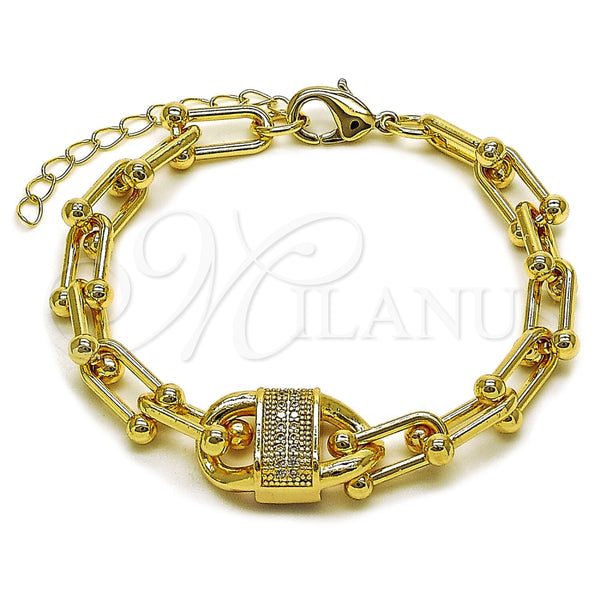 Oro Laminado Fancy Bracelet, Gold Filled Style Puff Mariner Design, with White Cubic Zirconia, Polished, Golden Finish, 03.266.0092.07 (09 MM Thickness, 8 Inches Length)