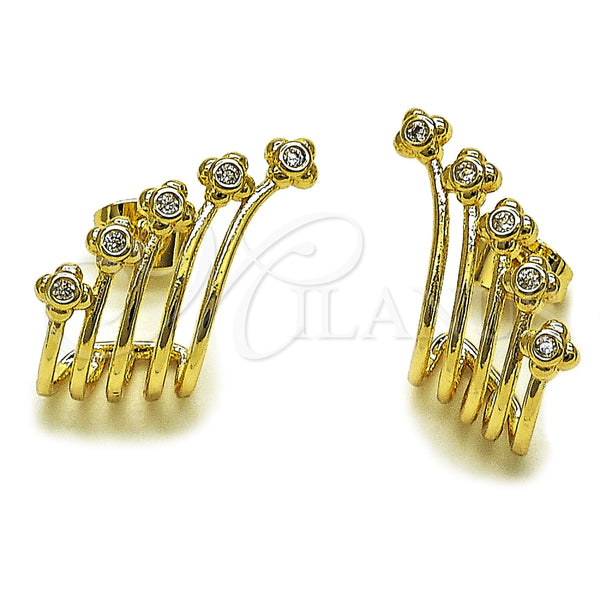 Oro Laminado Stud Earring, Gold Filled Style Four-leaf Clover Design, with White Cubic Zirconia, Polished, Golden Finish, 02.60.0175
