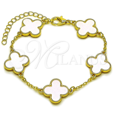 Oro Laminado Fancy Bracelet, Gold Filled Style Four-leaf Clover Design, with Ivory Mother of Pearl, Polished, Golden Finish, 03.284.0044.4.07 (Thickness, 7 Inches Length)
