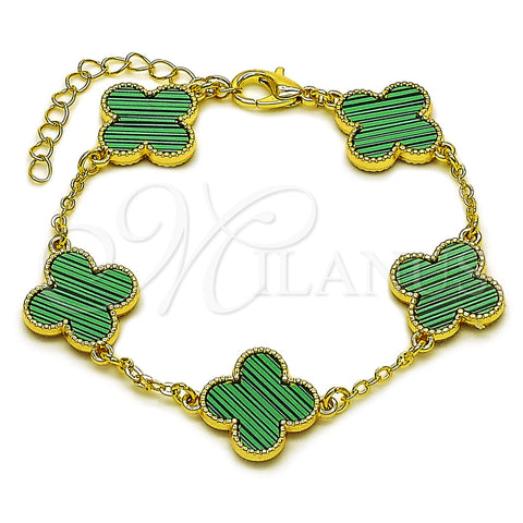Oro Laminado Fancy Bracelet, Gold Filled Style Four-leaf Clover Design, with Light Turquoise Mother of Pearl, Polished, Golden Finish, 03.284.0044.5.07 (Thickness, 7 Inches Length)