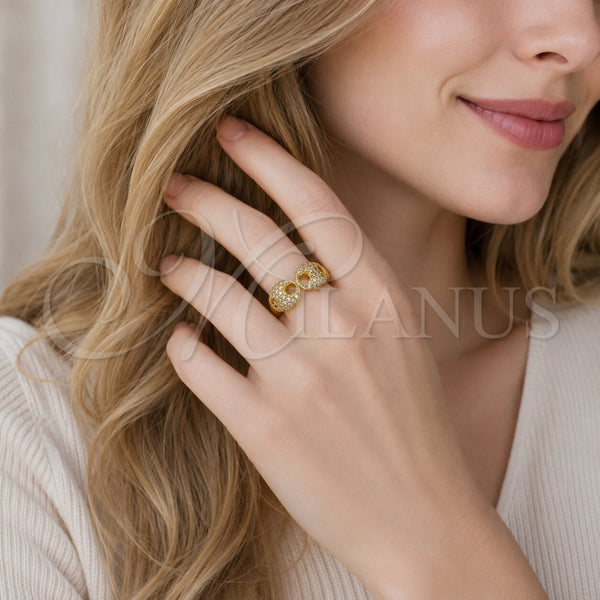 Oro Laminado Multi Stone Ring, Gold Filled Style Puff Mariner Design, with White Cubic Zirconia, Polished, Golden Finish, 01.282.0007 (One size fits all)