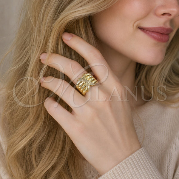 Oro Laminado Multi Stone Ring, Gold Filled Style Twist Design, with White Cubic Zirconia, Polished, Golden Finish, 01.282.0009 (One size fits all)