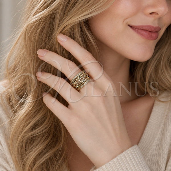 Oro Laminado Multi Stone Ring, Gold Filled Style Paperclip Design, with Green Cubic Zirconia and White Micro Pave, Polished, Golden Finish, 01.282.0010.07 (Size 7)