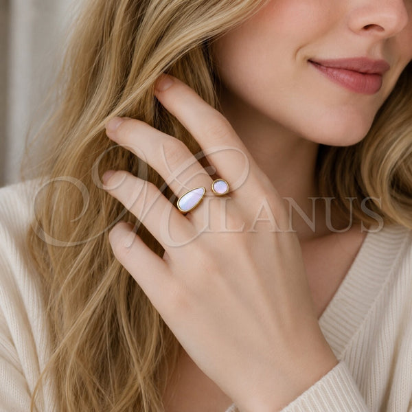 Oro Laminado Multi Stone Ring, Gold Filled Style Horse and Teardrop Design, with Ivory Mother of Pearl and White Cubic Zirconia, Polished, Golden Finish, 01.282.0011 (One size fits all)