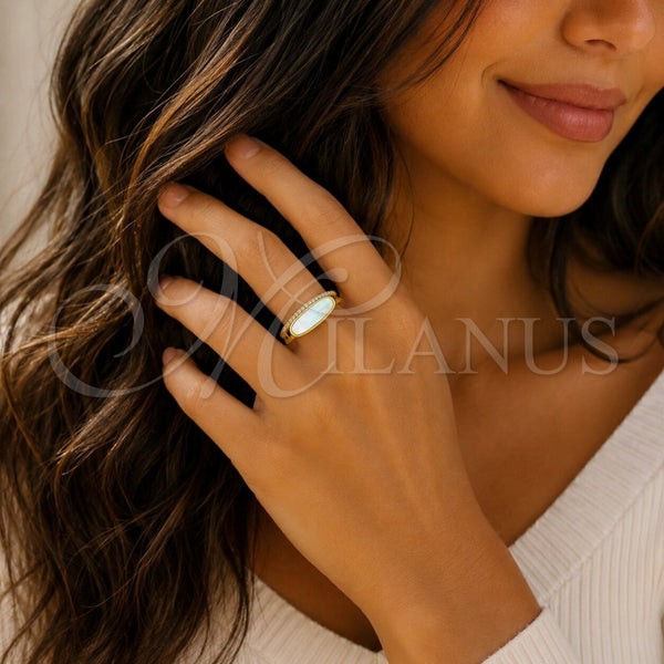 Oro Laminado Multi Stone Ring, Gold Filled Style with Ivory Mother of Pearl and White Micro Pave, Polished, Golden Finish, 01.282.0013 (One size fits all)