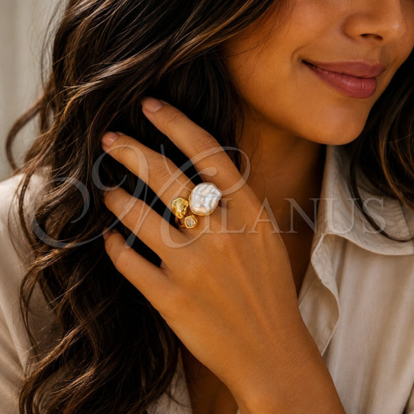 Oro Laminado Multi Stone Ring, Gold Filled Style with Ivory Pearl and White Cubic Zirconia, Polished, Golden Finish, 01.282.0014 (One size fits all)