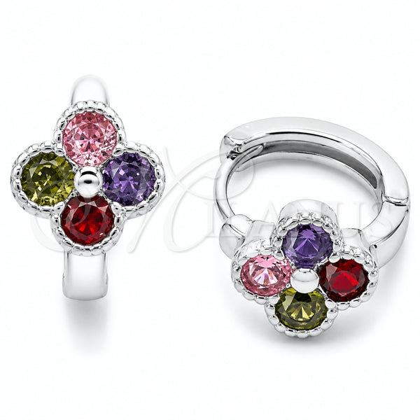 Rhodium Gold Filled Huggie Hoop, Four-leaf Clover Design, with Multicolor Cubic Zirconia, Polished, Rhodium Finish, 02.452.0023.15