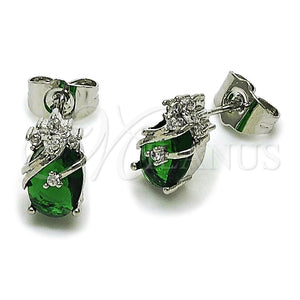 Rhodium Gold Filled Stud Earring, Pineapple Design, with Green and White Cubic Zirconia, Polished, Rhodium Finish, 02.452.0024