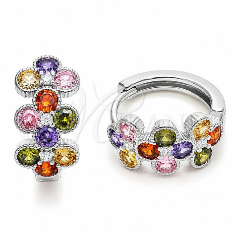 Rhodium Gold Filled Huggie Hoop, Four-leaf Clover Design, with Multicolor Cubic Zirconia, Polished, Rhodium Finish, 02.452.0032.15