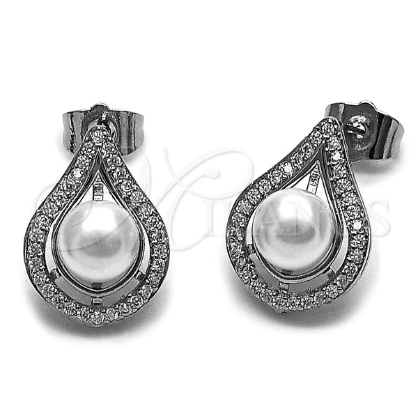 Rhodium Gold Filled Stud Earring, Teardrop and Cluster Design, with Ivory Pearl and White Micro Pave, Polished, Rhodium Finish, 02.452.0033
