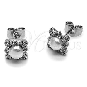 Rhodium Gold Filled Stud Earring, Flower and Cluster Design, with Ivory Pearl and White Micro Pave, Polished, Rhodium Finish, 02.452.0034