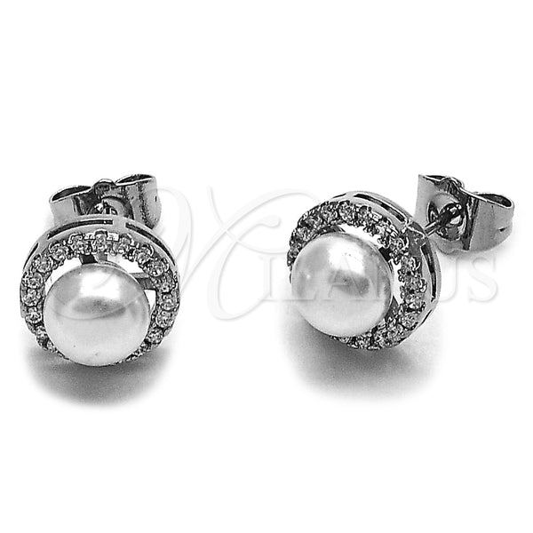 Rhodium Gold Filled Stud Earring, Cluster and Ball Design, with Ivory Pearl and White Micro Pave, Polished, Rhodium Finish, 02.452.0035