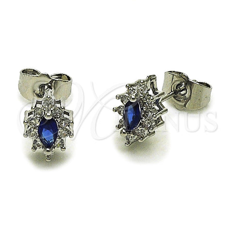 Rhodium Gold Filled Stud Earring, Cluster Design, with Sapphire Blue and White Cubic Zirconia, Polished, Rhodium Finish, 02.452.0037