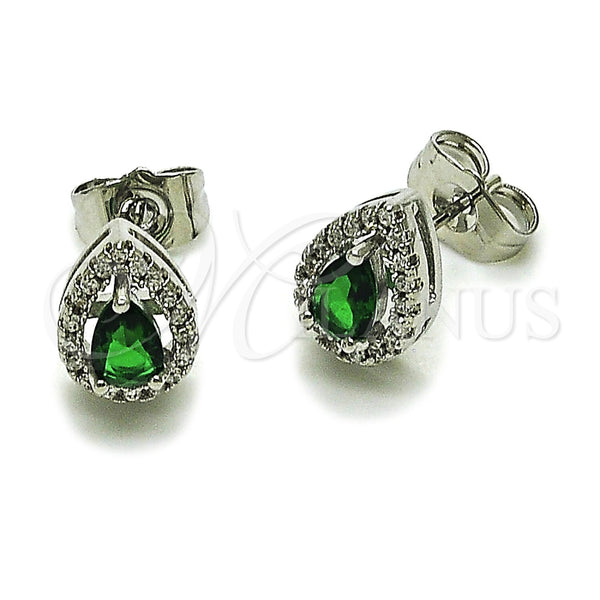 Rhodium Gold Filled Stud Earring, Teardrop and Cluster Design, with Green Cubic Zirconia and White Micro Pave, Polished, Rhodium Finish, 02.452.0039