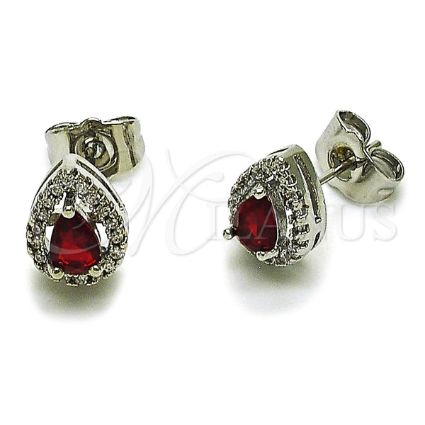 Rhodium Gold Filled Stud Earring, Cluster and Teardrop Design, with Garnet Cubic Zirconia and White Micro Pave, Polished, Rhodium Finish, 02.452.0039.1