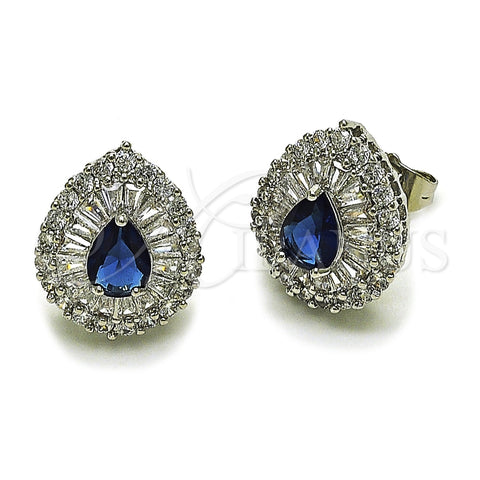 Rhodium Gold Filled Stud Earring, Teardrop and Cluster Design, with Sapphire Blue and White Cubic Zirconia, Polished, Rhodium Finish, 02.452.0040