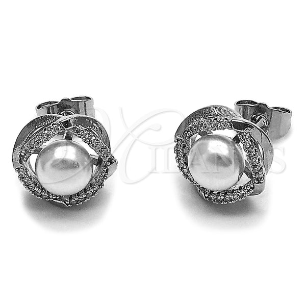 Rhodium Gold Filled Stud Earring, Love Knot Design, with Ivory Pearl and White Micro Pave, Polished, Rhodium Finish, 02.452.0041