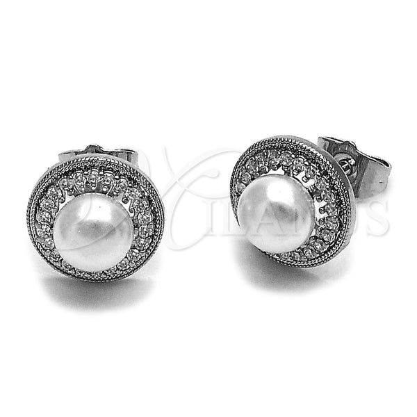 Rhodium Gold Filled Stud Earring, Cluster Design, with Ivory Pearl and White Cubic Zirconia, Polished, Rhodium Finish, 02.452.0045
