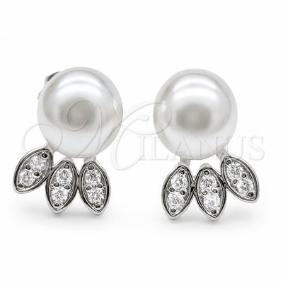 Rhodium Gold Filled Stud Earring, Ball and Leaf Design, with White Micro Pave and Ivory Pearl, Polished for wholesale, main product view