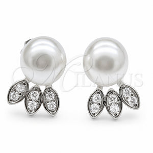 Rhodium Gold Filled Stud Earring, Ball and Leaf Design, with White Micro Pave and Ivory Pearl, Polished, Rhodium Finish, 02.344.0192