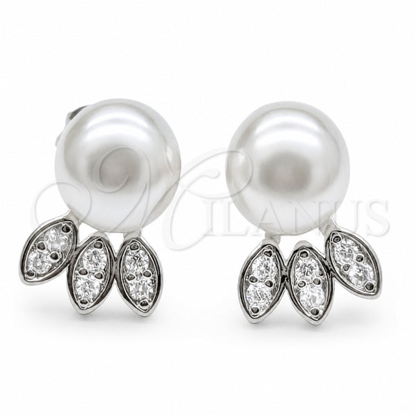 Rhodium Gold Filled Stud Earring, Ball and Leaf Design, with White Micro Pave and Ivory Pearl, Polished, Rhodium Finish, 02.344.0192
