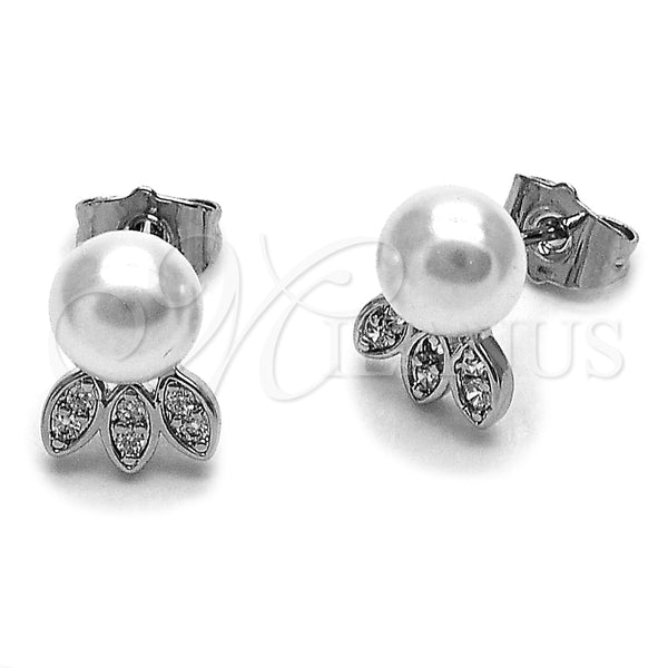 Rhodium Gold Filled Stud Earring, Ball and Leaf Design, with White Micro Pave and Ivory Pearl, Polished, Rhodium Finish, 02.344.0192