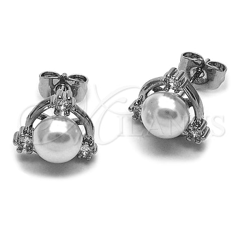 Rhodium Gold Filled Stud Earring, Cluster Design, with Ivory Pearl and White Cubic Zirconia, Polished, Rhodium Finish, 02.344.0194