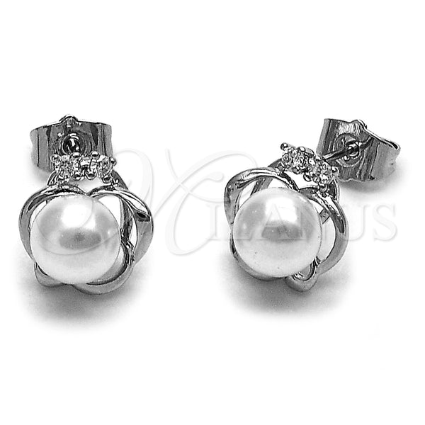 Rhodium Gold Filled Stud Earring, Flower and Crown Design, with White Cubic Zirconia and Ivory Pearl, Polished, Rhodium Finish, 02.344.0140.1