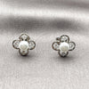 Rhodium Gold Filled Stud Earring, Four-leaf Clover Design, with Ivory Pearl and White Cubic Zirconia, Polished, Golden Finish, 02.344.0195